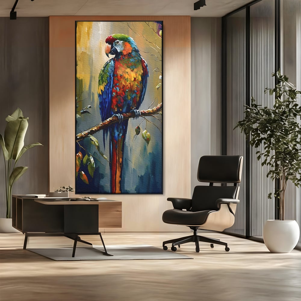 Tablou canvas cu tablou canvas cu papagal colorat, in rama de aluminiu negru, pe perete intr-un birou